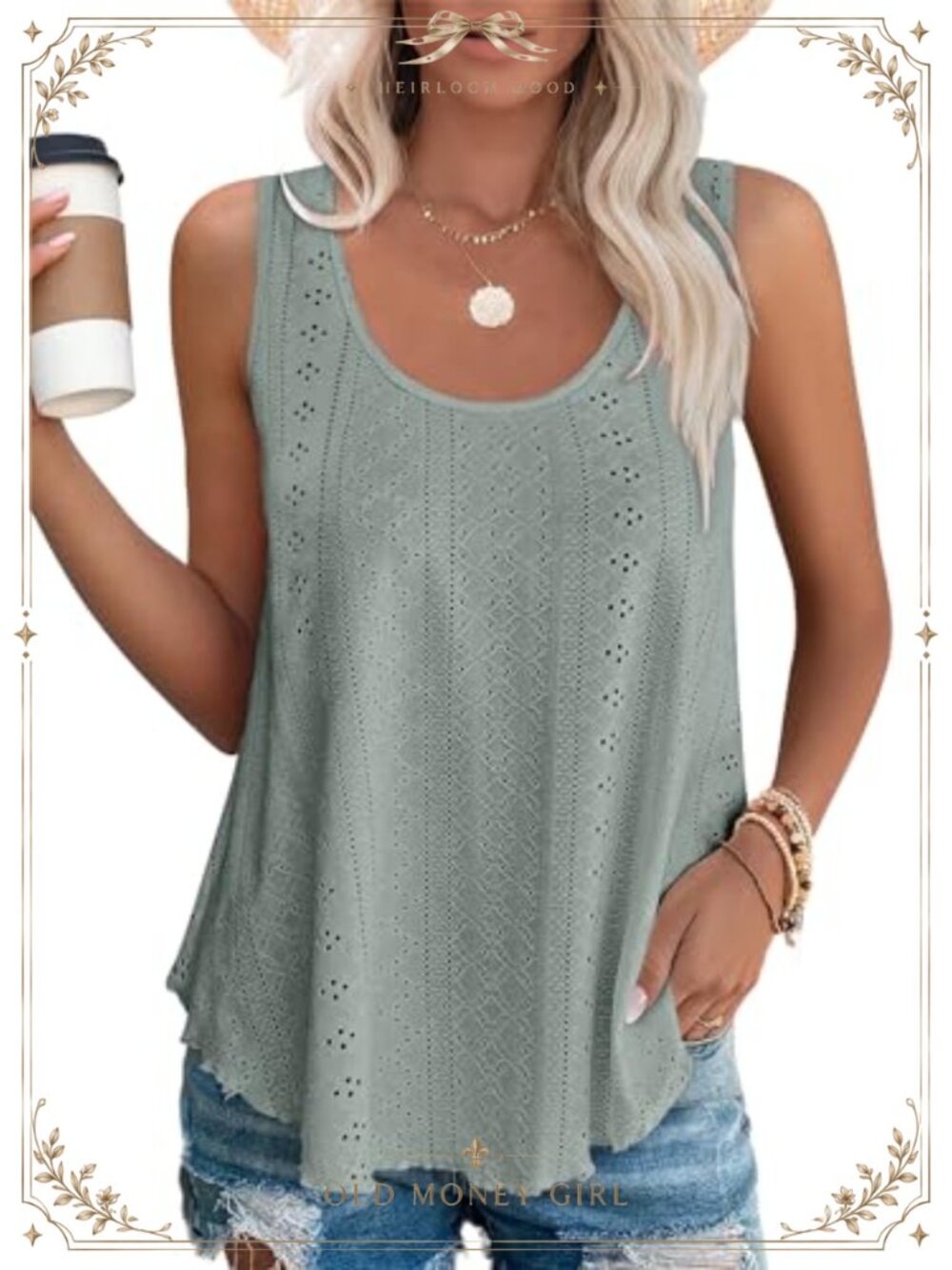 Eyelet Embroidery Scoop Neck Loose Fit Sleeveless Tank Top Summer Shirt